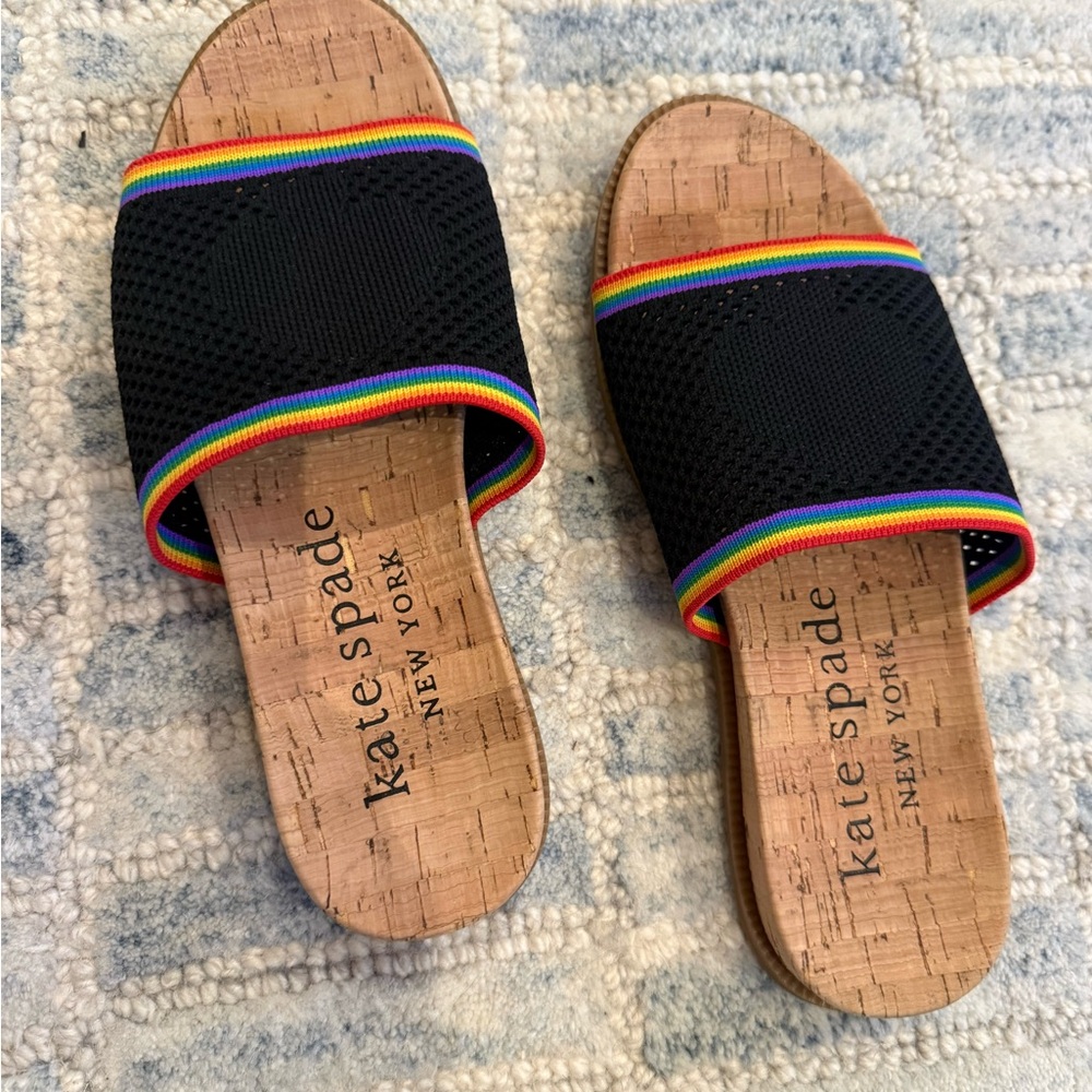 kate spade Black Slides with Rainbow Stripe Detail